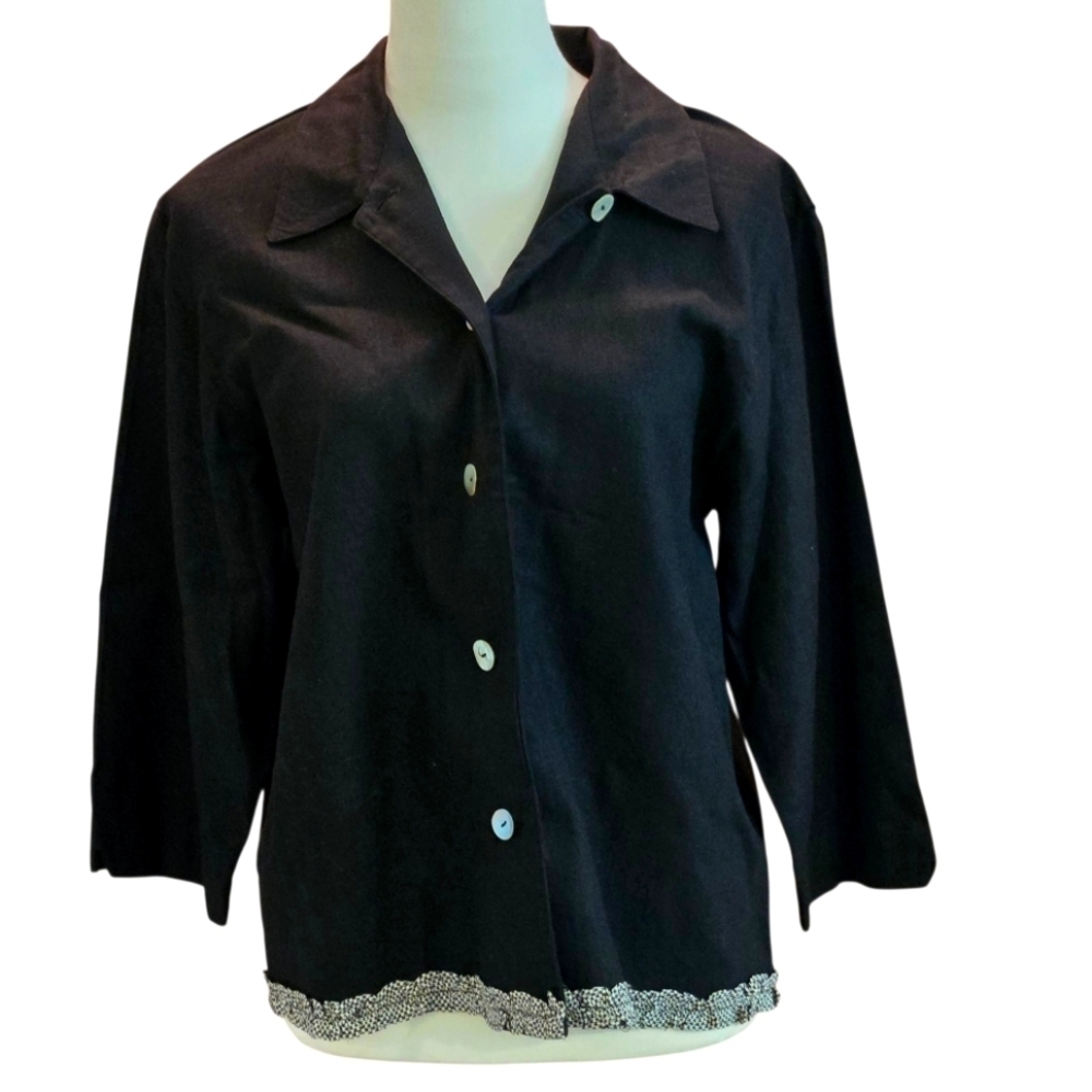 Vtg 80s Stonebridge Black ButtonUp Blouse Patterned Hem Pointed Collar Women's L